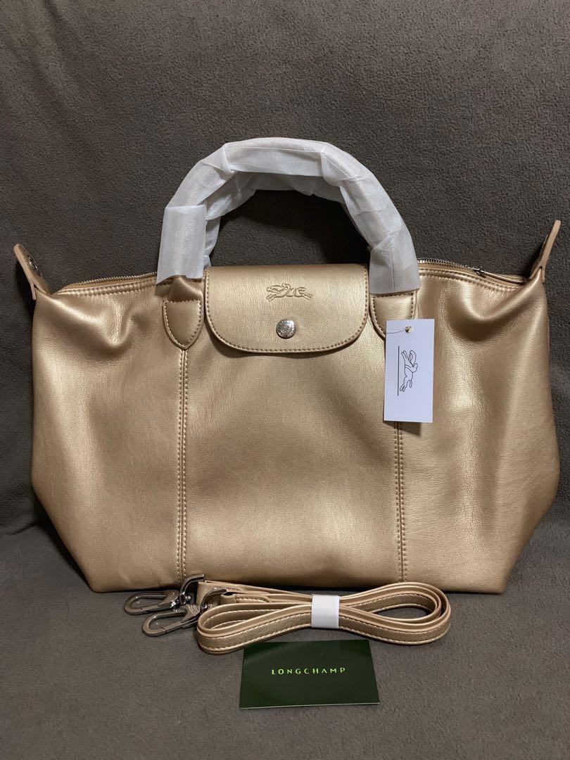 Longchamp Le Pliage Cuir Metallic Gold Medium