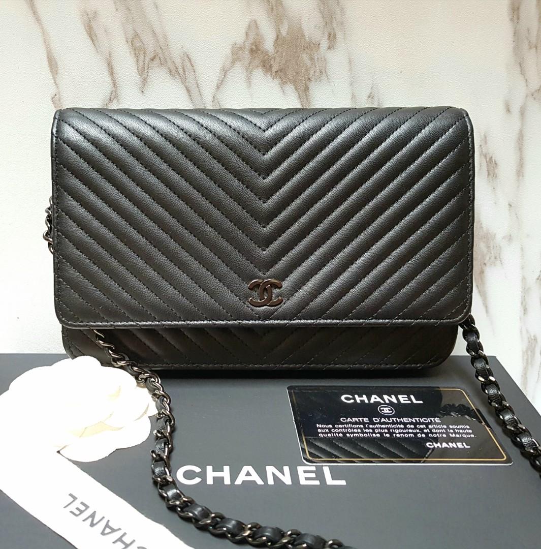 Chanel Chevron Wallet on Chain WOC Black Caviar Silver Hardware