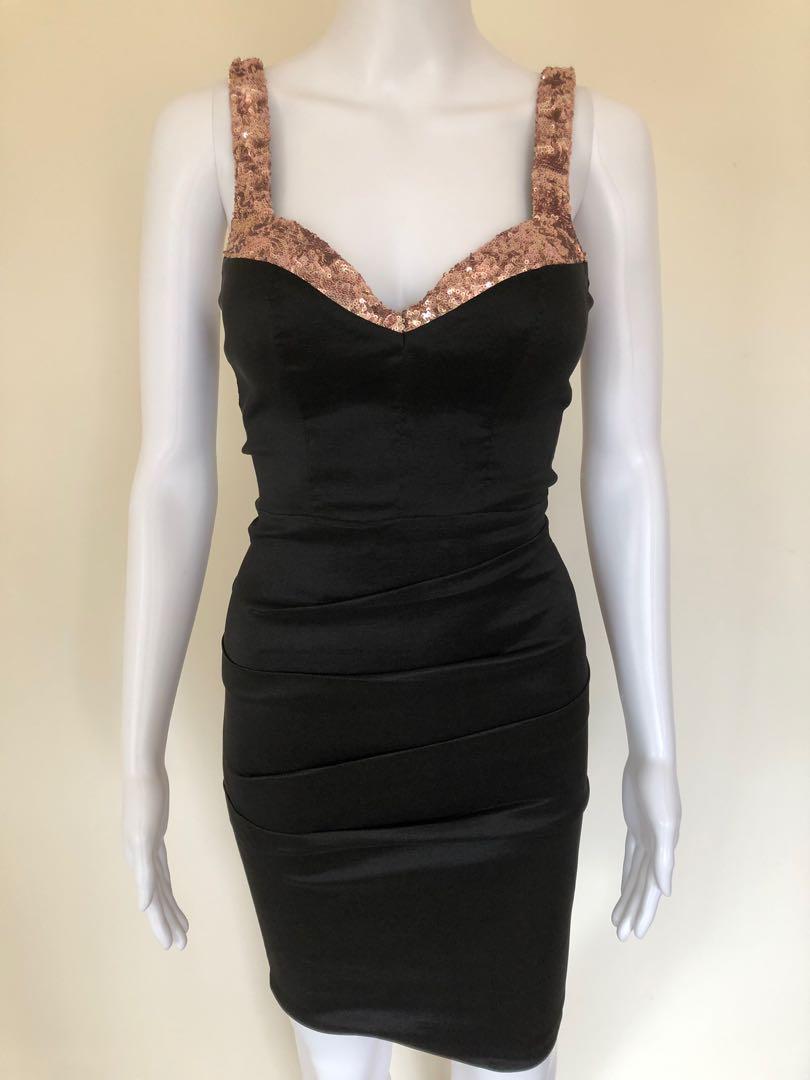 Black Satin Rose Gold Sequin Cocktail Dress Women S Fashion