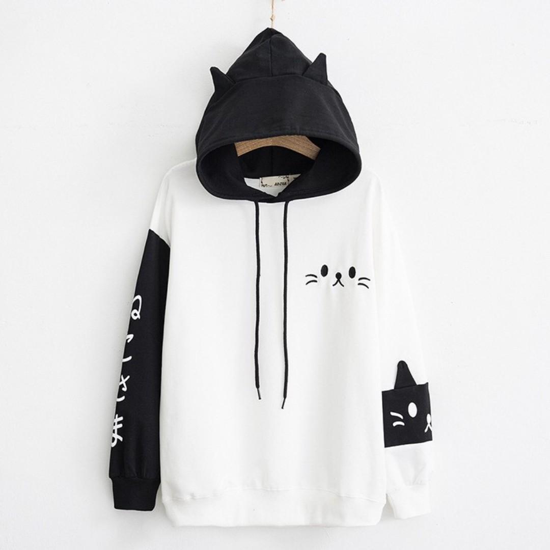 CUTE WOMEN LONG SLEEVED CAT FACE SWEATER HOODIE TOPS 2 COLORS