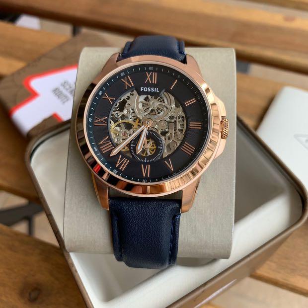 fossil grant automatic blue leather watch
