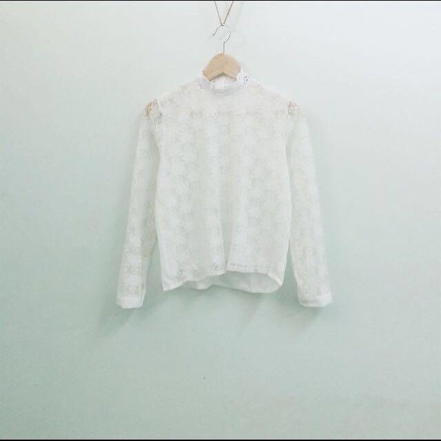White lace high neck blouse outlet
