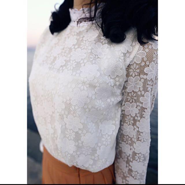 White lace online blouse high neck