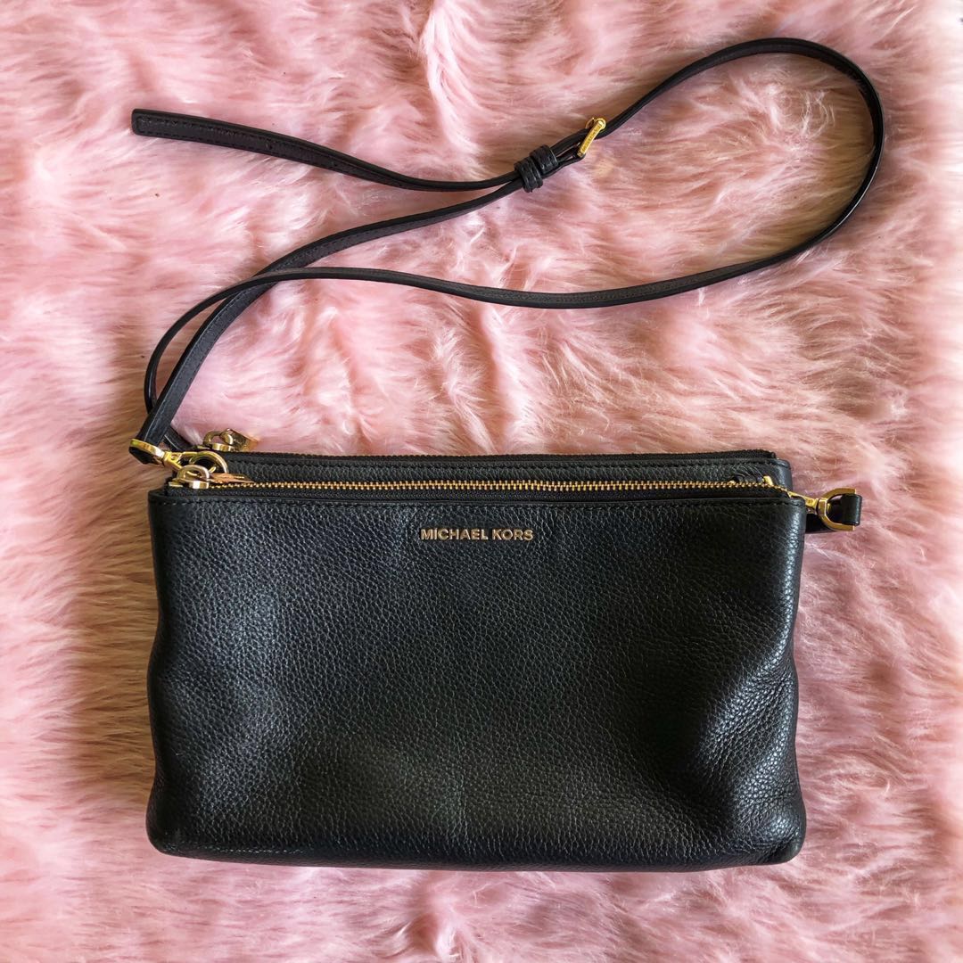 Michael Kors Adele Double Zip Crossbody Leather Bag In Black, Bags & Wallets Carousell