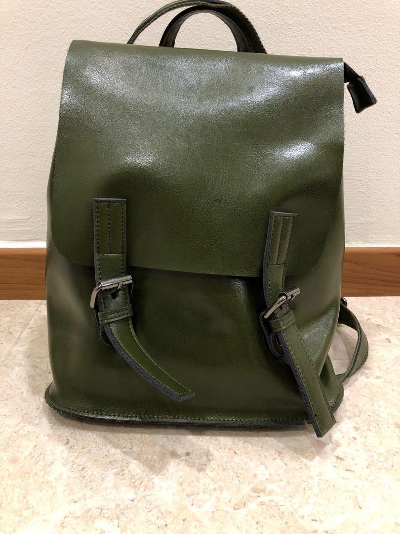 olive green leather backpack
