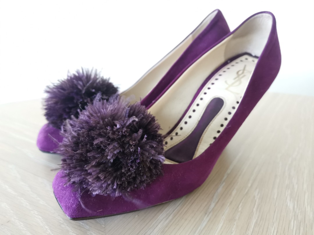 purple suede block heels