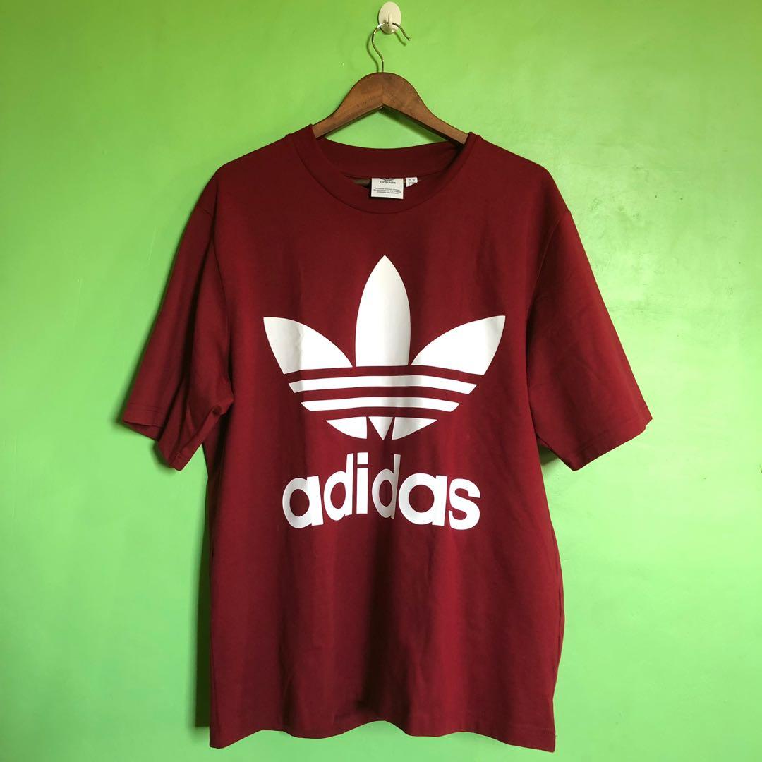 adidas originals maroon pakaian oversized tee, Men's Fashion, Tops ...