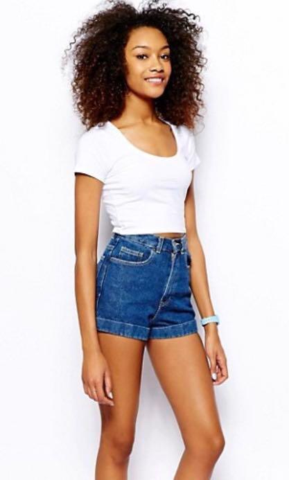 American Apparel Dark Denim Cuffed High Waisted Shorts Women s