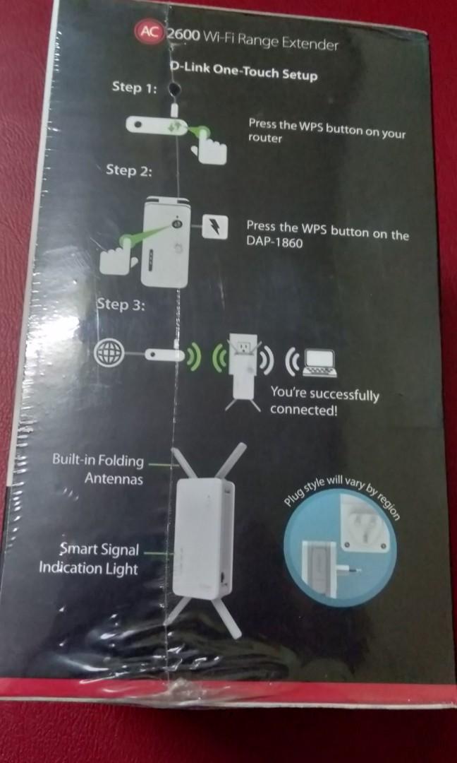 Dap-1860 AC2700 Wifi Extender (Category: Networking) located in Manila. Submitted by nathane (Listing ID 223344302, Image 2). Description: • Wireless AC – High-speed AC2600 wireless connectivity to devices • DualBand Connectivity – Greater flexibility and reduced interference • MU-MIMO Technology – Handles high-bandwidth network traffic on multiple devices at the same time • External Antennas – Adjustable external antennas for maximum range • Sig