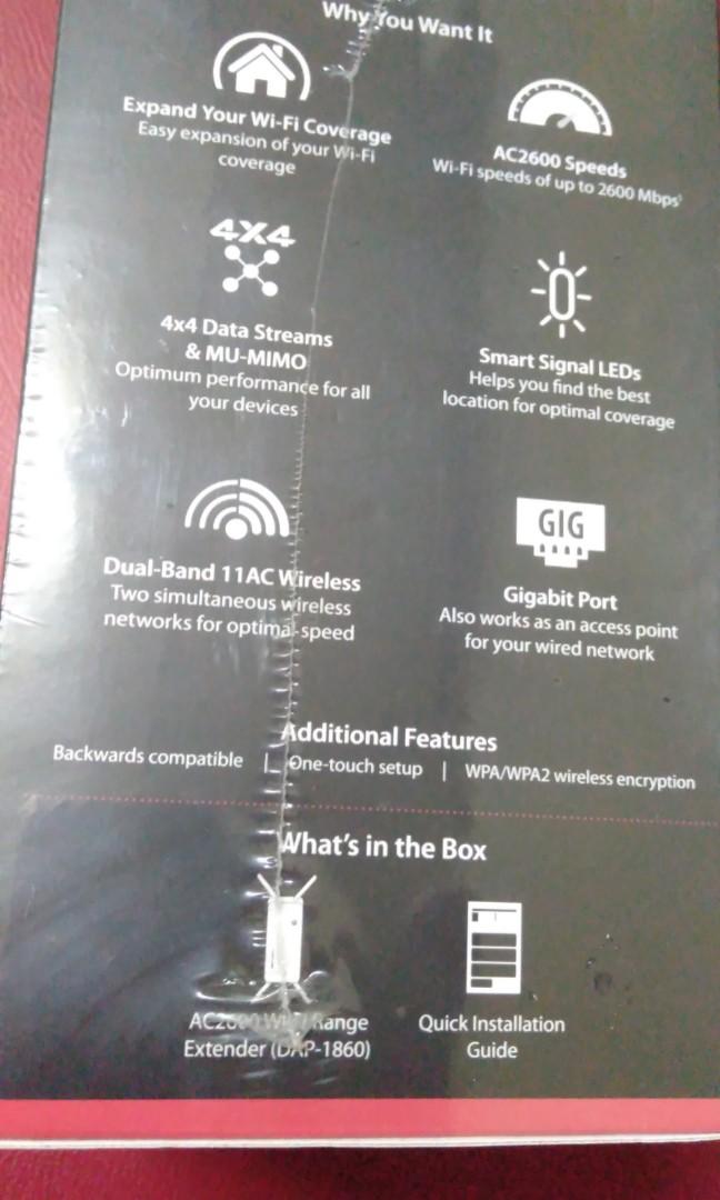 Dap-1860 AC2700 Wifi Extender (Category: Networking) located in Manila. Submitted by nathane (Listing ID 223344302, Image 3). Description: • Wireless AC – High-speed AC2600 wireless connectivity to devices • DualBand Connectivity – Greater flexibility and reduced interference • MU-MIMO Technology – Handles high-bandwidth network traffic on multiple devices at the same time • External Antennas – Adjustable external antennas for maximum range • Sig