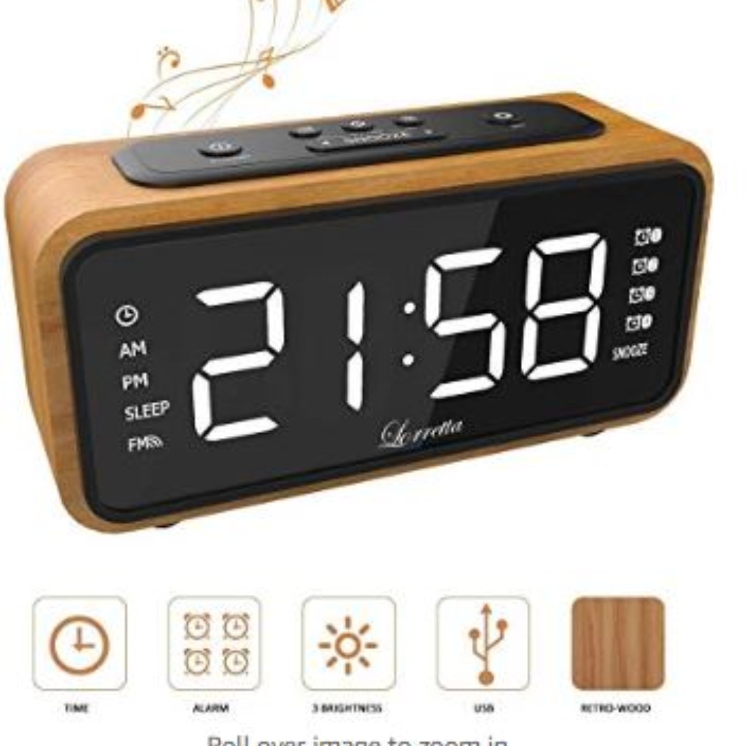 Lorretta Wood Grain Alarm Clocks, Clock FM Radio Alarm Bedside with 4