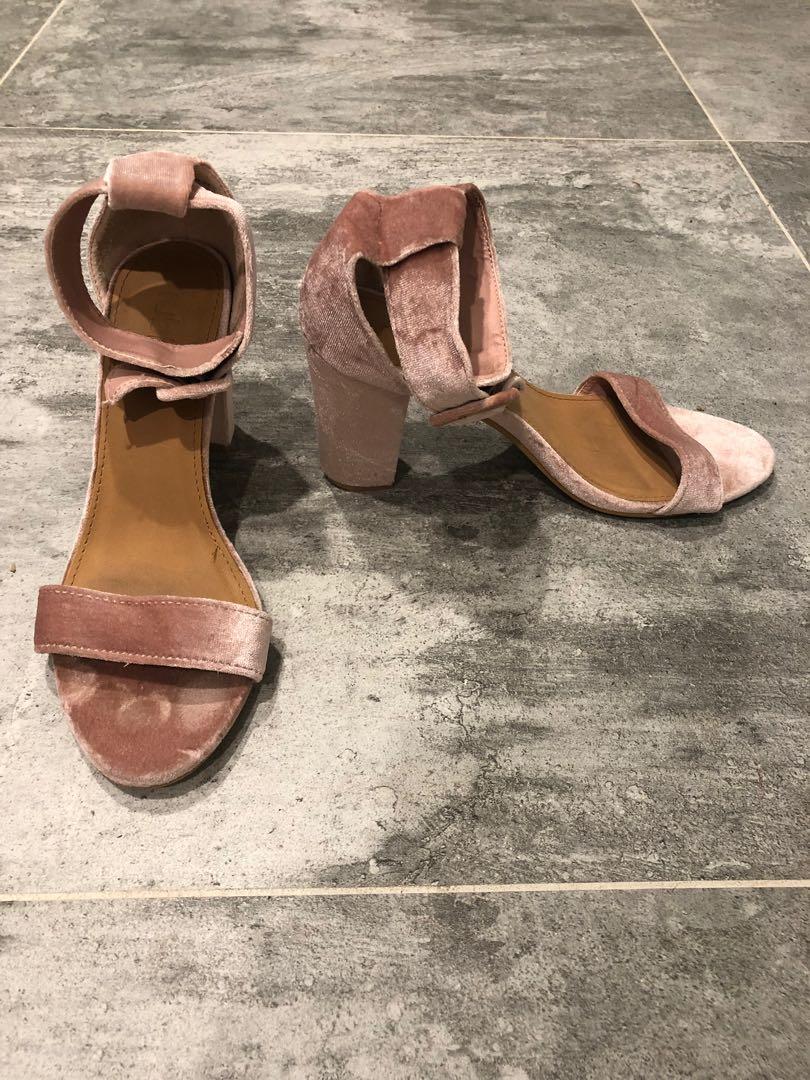 pink velvet block heels