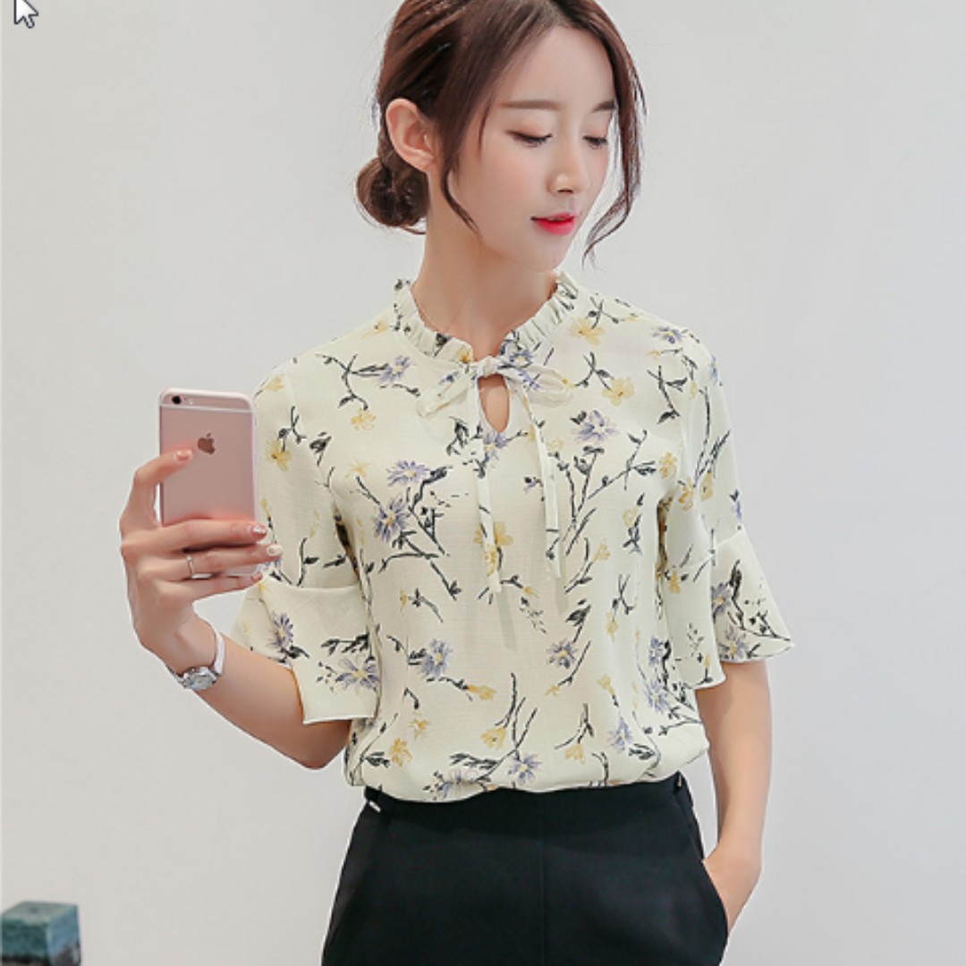 Women Korean Fashion Simple Casual Chiffon Short Sleeved Summer