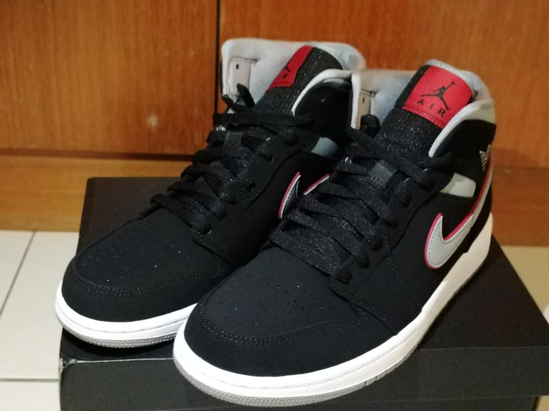 Air Jordan 1 Mid Black Particle Grey Gym Red Men s Fashion