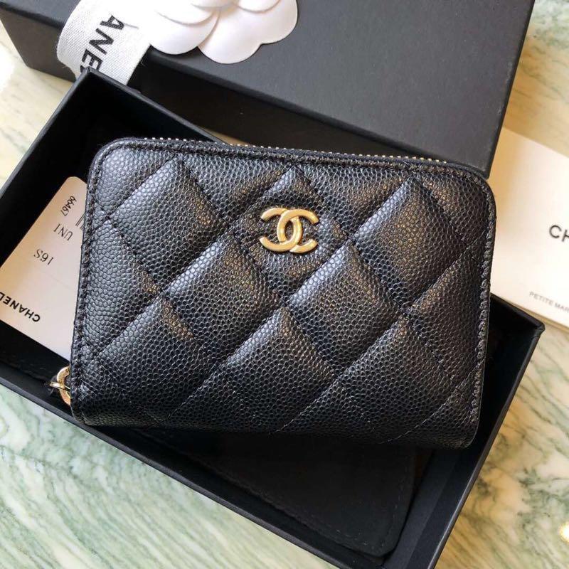 Chanel Zip Coin Purse Quilted Caviar Gold-tone Black