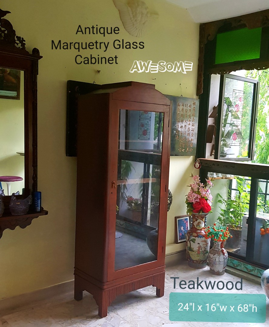 Beautiful 1910 20s A1 Teakwood Marquetry Glass Display Cabinet