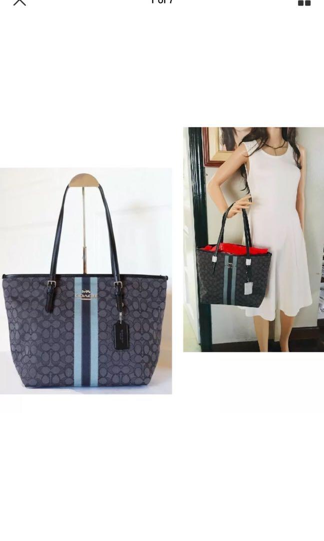 COACH Zip Top Tote Signature Stripe Shoulder Bag Black Jacquard F39043 Women s Fashion Bags Wallets Cross body Bags on Carousell