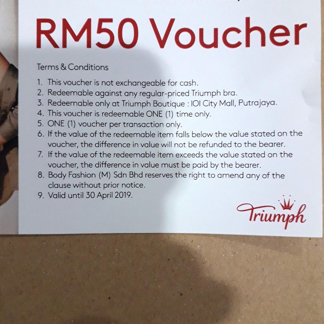 Triumph bra RM50 Voucher, Tickets & Vouchers, Vouchers on Carousell