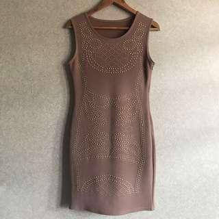 Embellished Gold Studded Nude Bodycon Dress