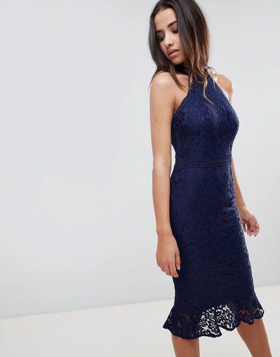 ASOS Girl in Mind Navy Frill Mermaid Bodycon Midi Lace Dress