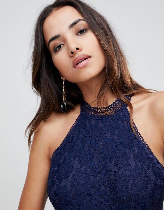 ASOS Girl in Mind Navy Frill Mermaid Bodycon Midi Lace Dress