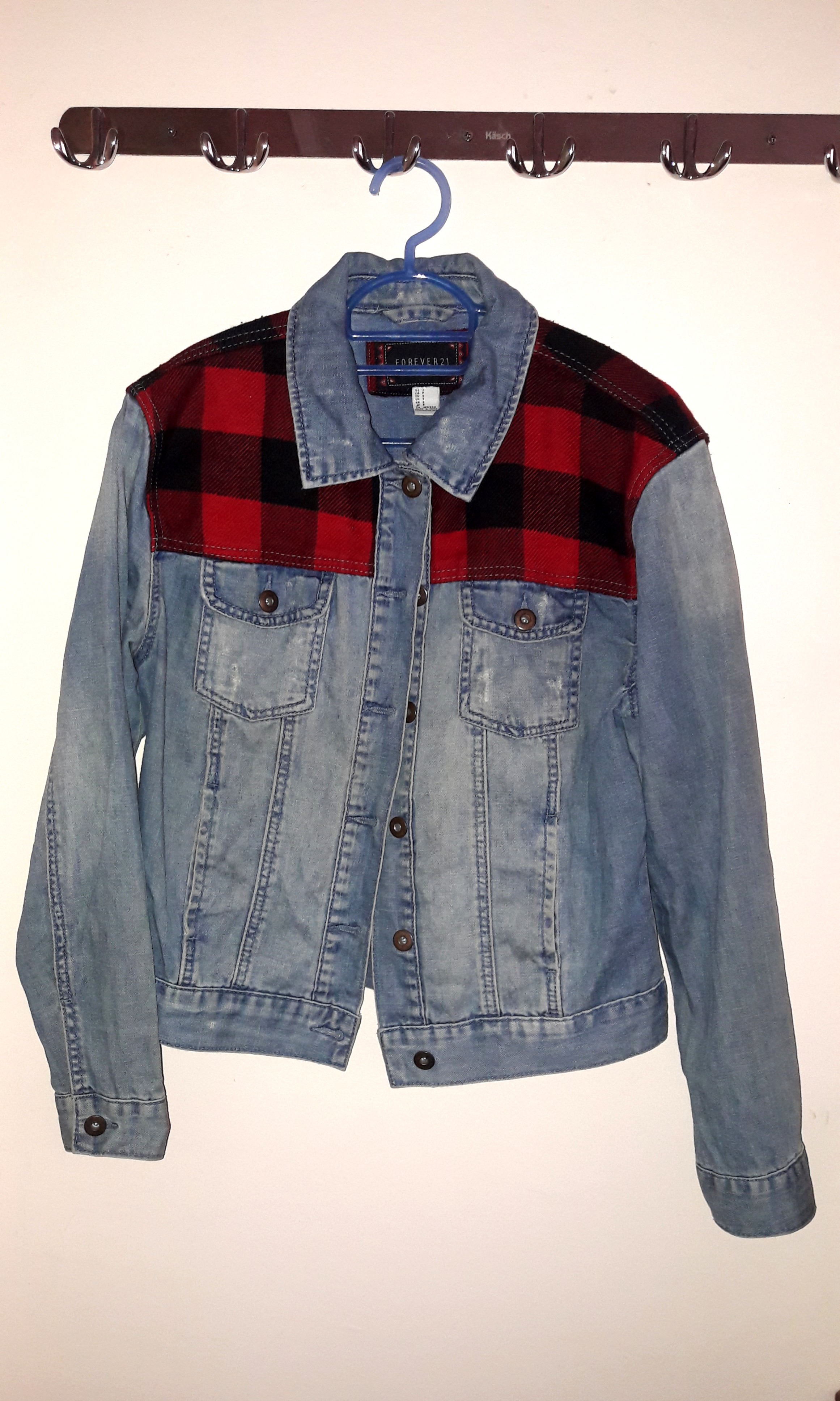 plaid and denim jacket