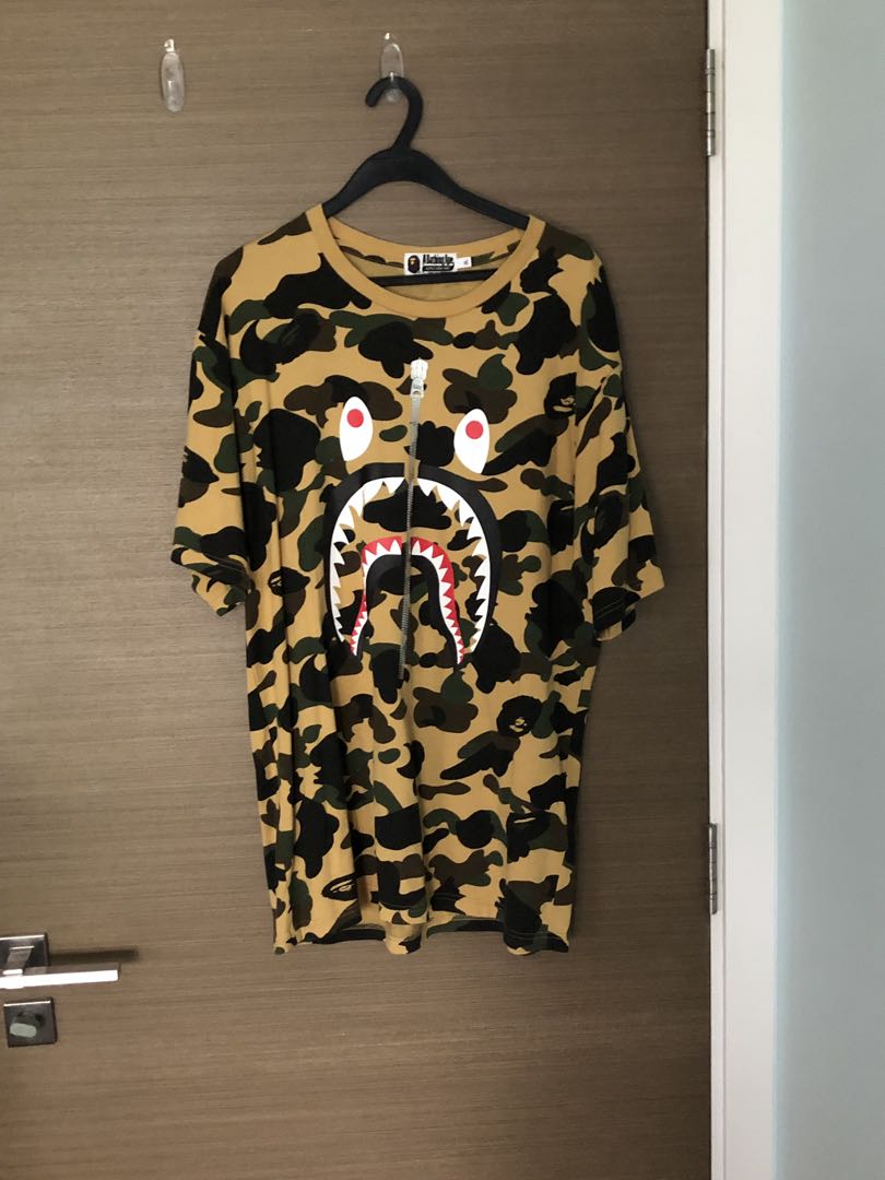 Bape 1st Camo Shark Tee Yellow Green Men s Fashion Tops Sets Hoodies on Carousell