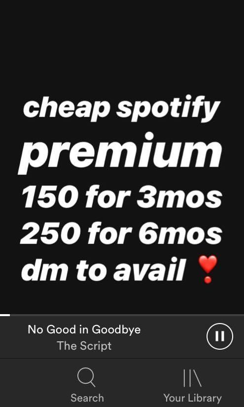 CHEAP SPOTIFY PREMIUM (Category: CDs & DVDs) located in Manila. Submitted by htmlreslie (Listing ID 223675531, Image 2). Description: CHEAP SPOTIFY PREMIUM Good for 3mos - PHP 150 Good for 6mos - PHP 250 New or renew accs are available! Dm to avail! ✨.