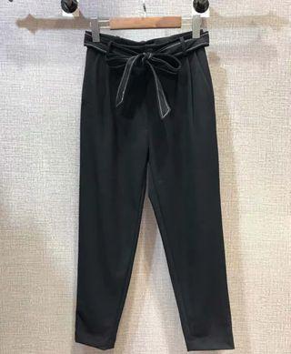 Straight Cut Black Pants with Ribbon Tied Belt