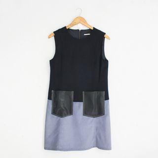 (S-M) Korean Fashion Style Blue ColorBlock Sleeveless Dress with Faux Leather Pockets