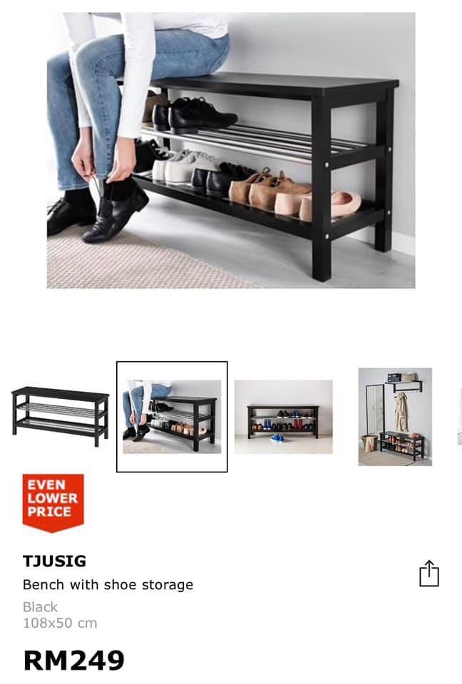 Ikea White TJUSIG Bench with Shoe Storage..Shoe Rack Rak Kasut Bangku Kerusi Stool, Furniture