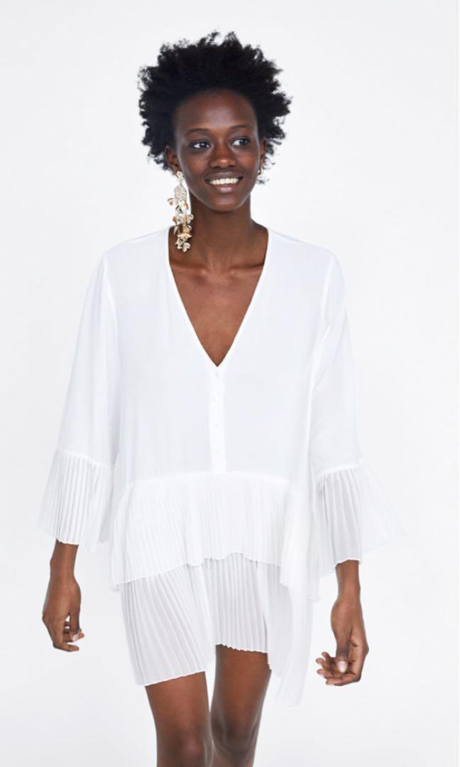 white pleated blouse zara