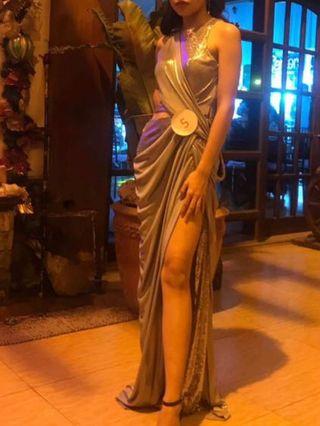 metallic silver long gown for rent