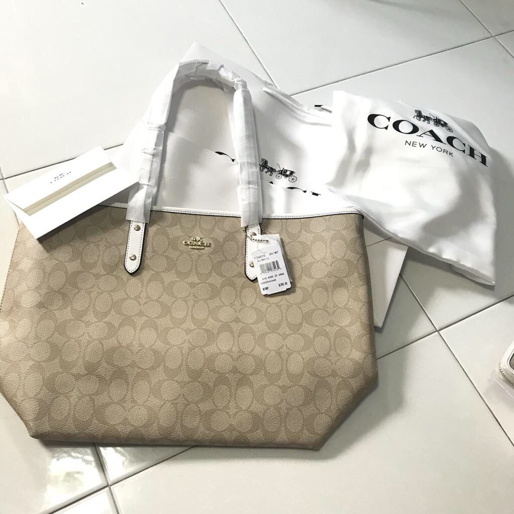 Coach Signature City Zip Tote Bag F36876 Khaki Chalk White