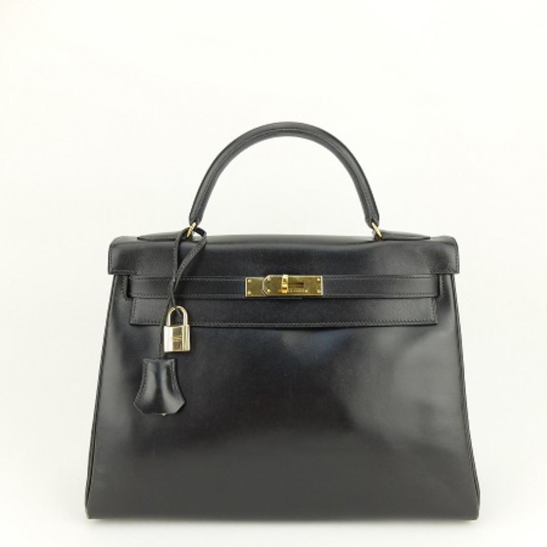 Hermes Kelly 28 Box Calf Leather Black With Gold Hardware