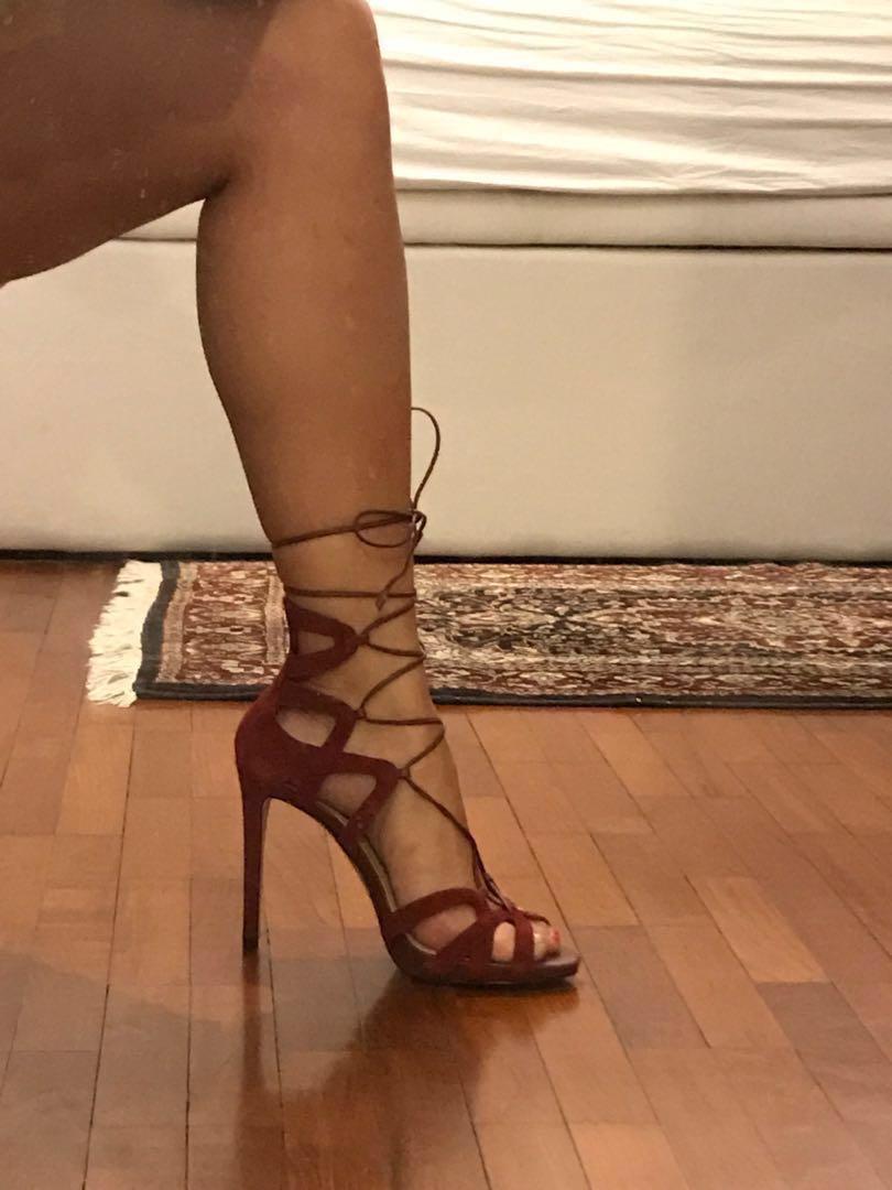 Dark red lace up heels discount