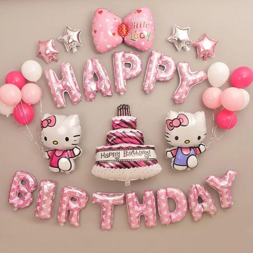 Instock 33pc Hello Kitty Party Decor Set Balloon Happy Birthday Balloon Pink Hello Kitty Theme Design Craft Others On Carousell