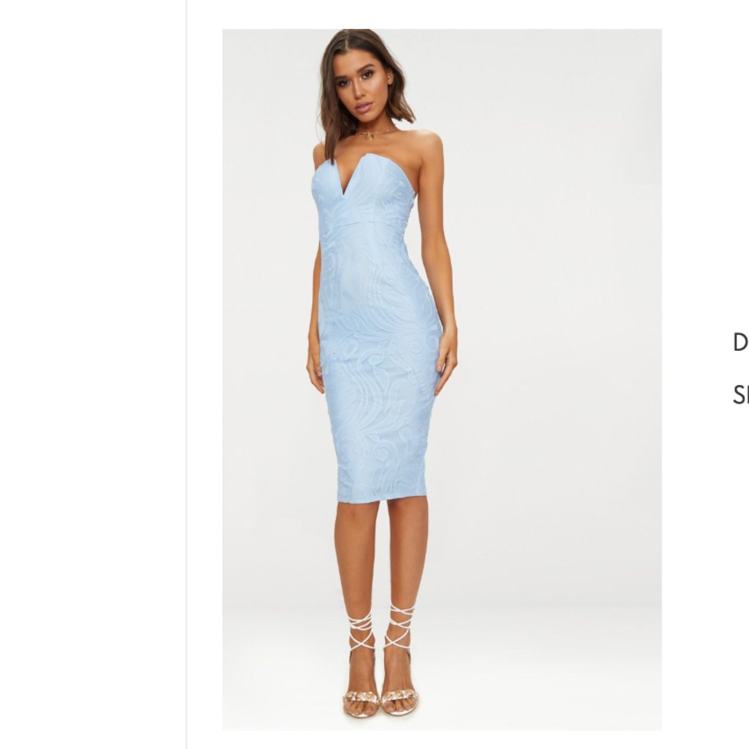 dusty blue lace v bar bandeau midi dress