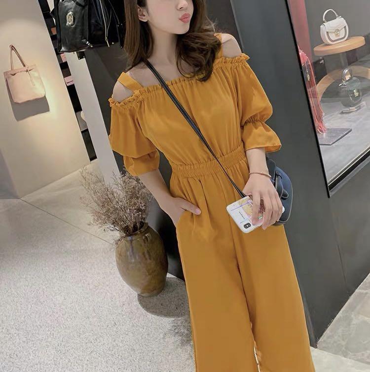 orange off the shoulder jumpsuit