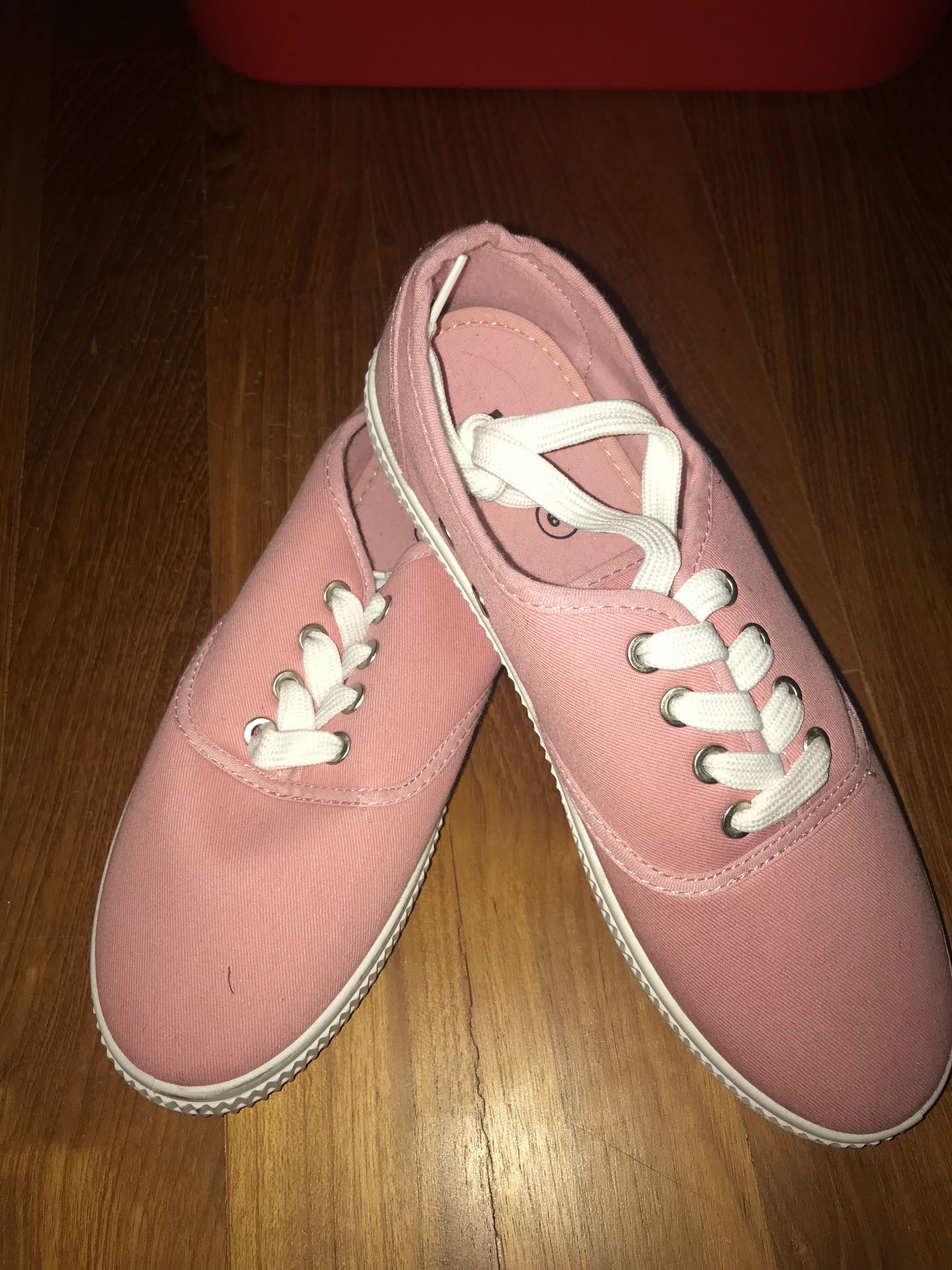 Salmon pink white laced sneakers Women s Fashion Footwear