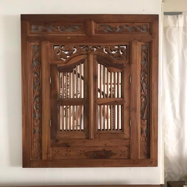Vintage Hand Carved Balinese Indonesian Teak Window Mirror, Furniture