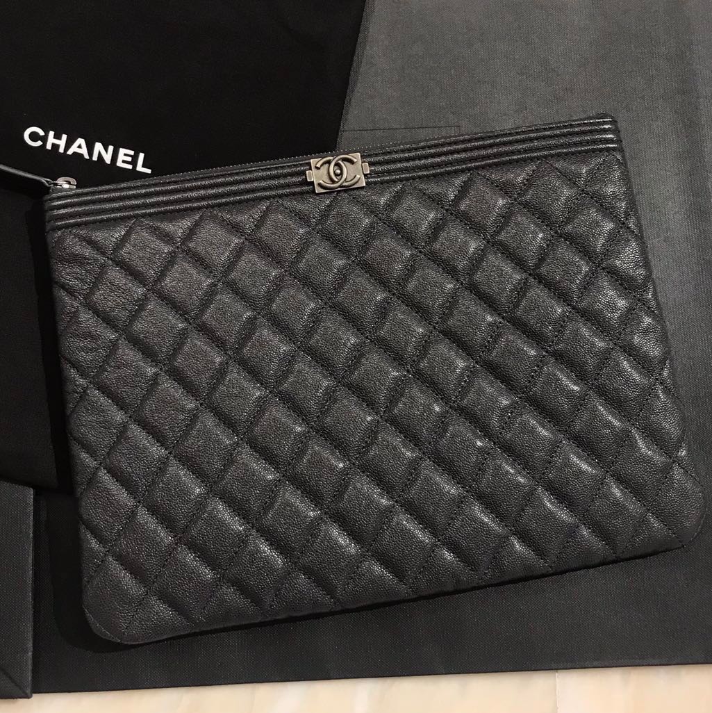 CHANEL Dark Grey Calf Quilted Leather O Case Clutch Bag 100%  AUTHENTIC+BRAND NEW! #A84406, Luxury, Bags & Wallets on Carousell