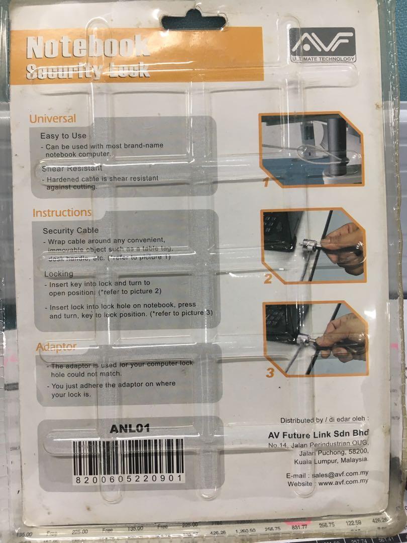 Notebook security lock (Category: Networking) located in Gelugor. Submitted by hermankw (Listing ID 224319191, Image 2). Description: Security lock for notebook. .