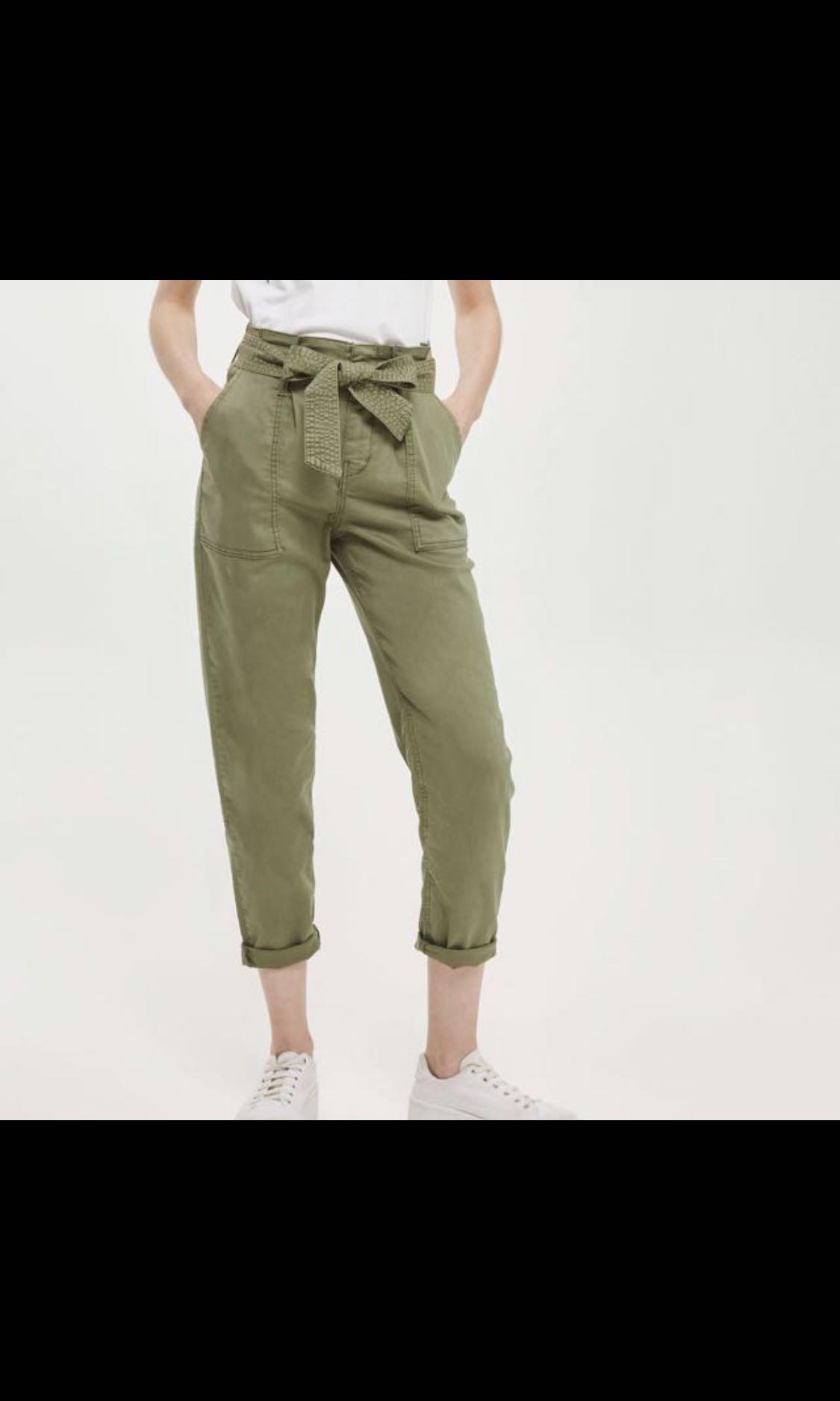 Paper Bag Belted Cargo Trousers in Sustainable Cotton Green