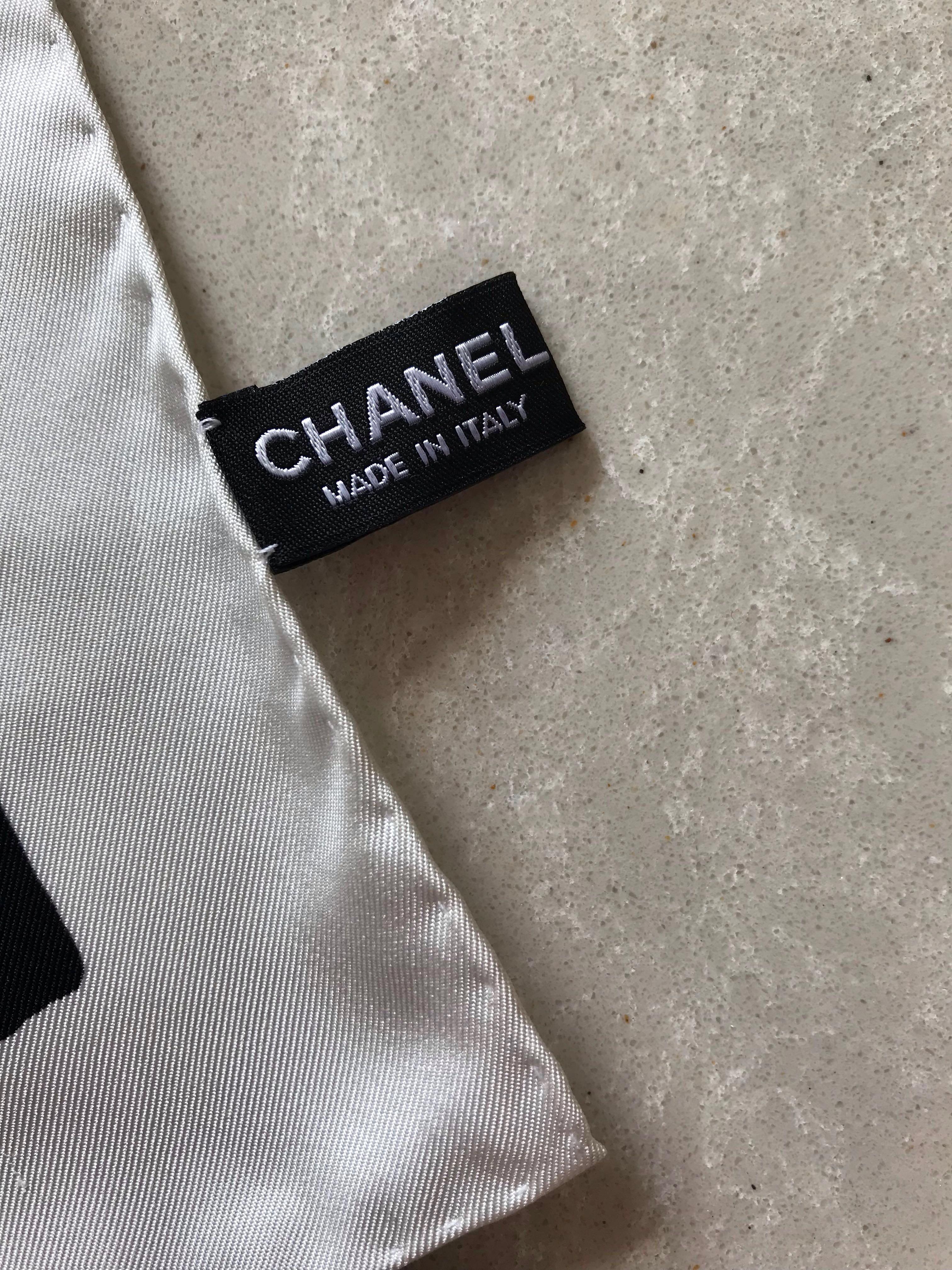 Authentic Chanel Square Silk Scarf Black White with signature logo Complimentary registered mail