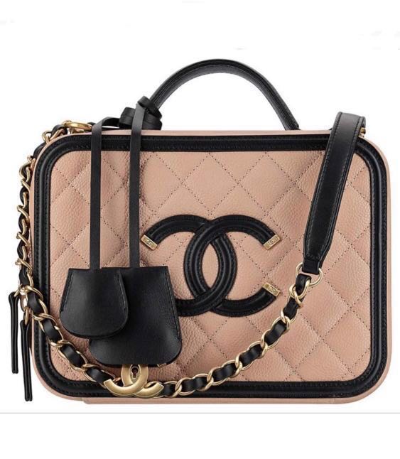 Chanel Quilted Small CC Filigree Vanity Case Beige Black Caviar  Coco  Approved Studio