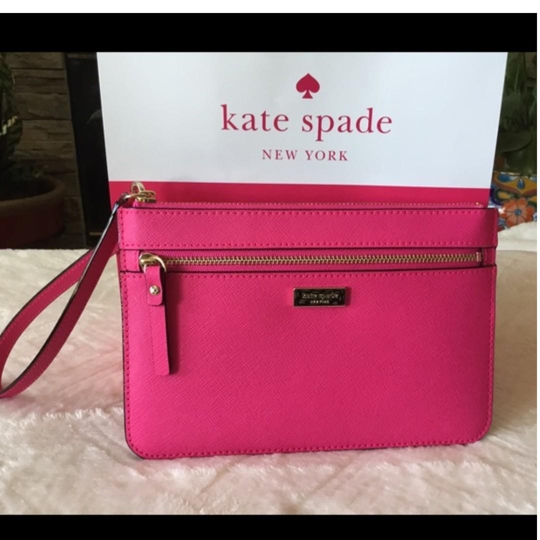 Free Mail! Brand new Kate Spade Laurel Way Tinie - Bright Pink Wristlet,  Luxury, Bags & Wallets on Carousell