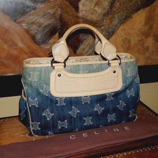 Sale!! CELINE faded denim & mock croc leather boogie handbag