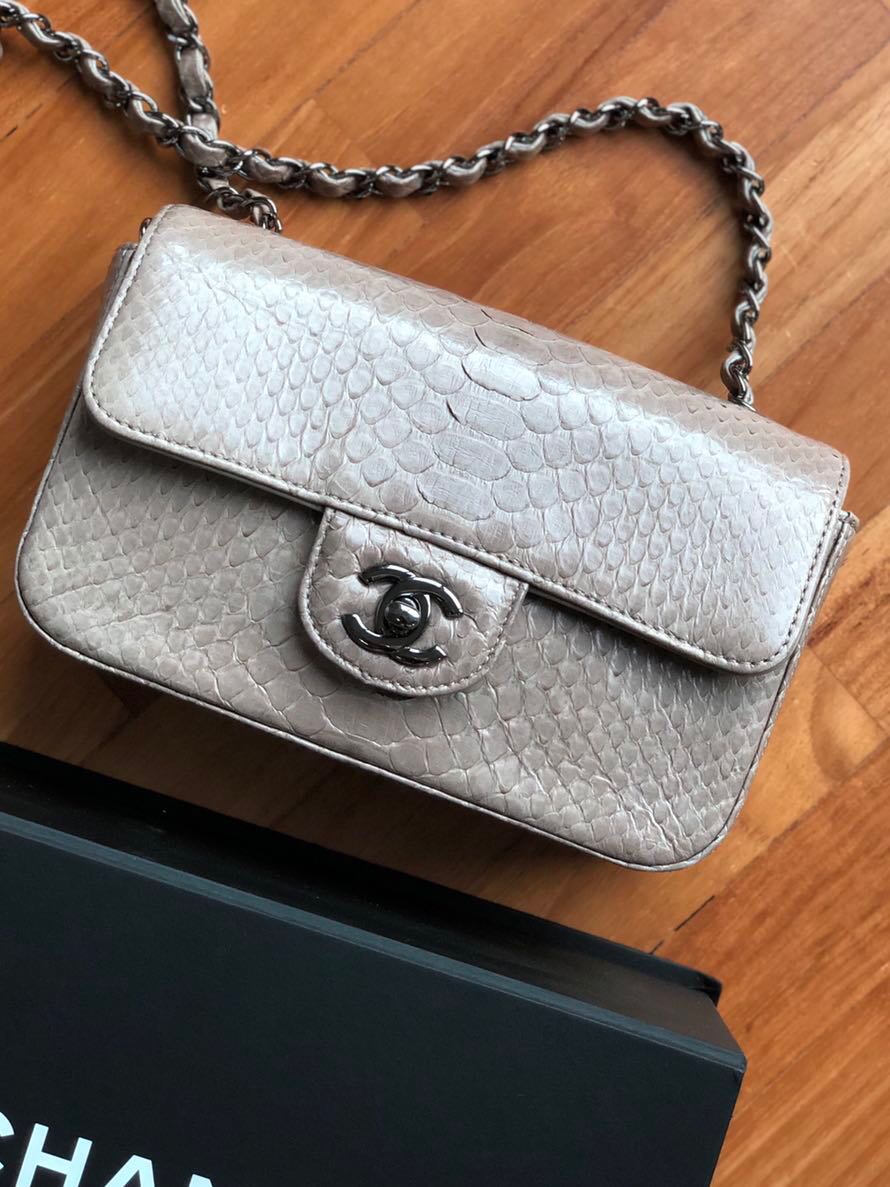 Chanel Classic Medium Double Flap Python Leather Shoulder Bag