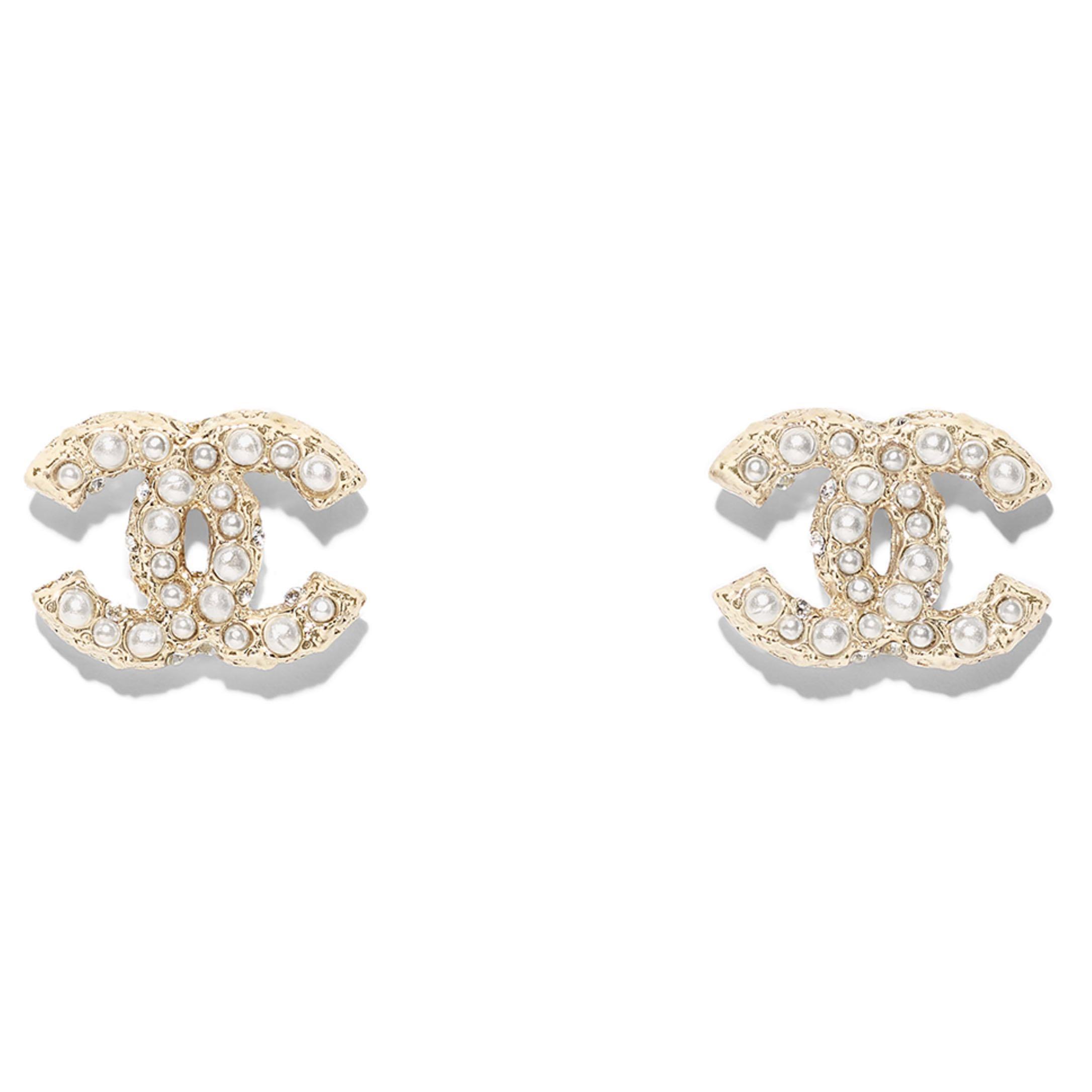[CHANEL] costume jewelry - gold & pearly white CC logo earrings